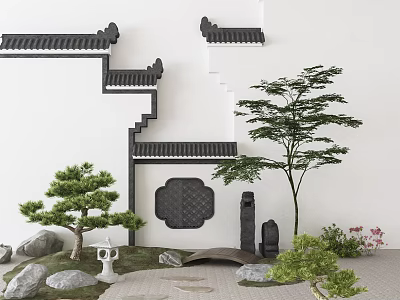 Traditional Chinese Garden Ornament With White Walls Eaves Pine Trees Stone Lantern And Rocks 3d model