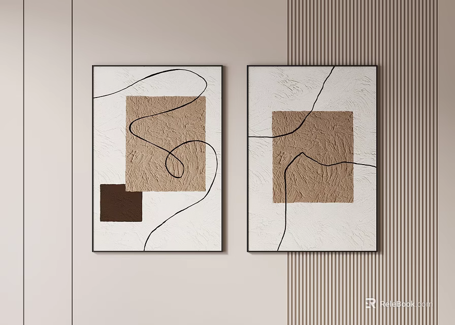Abstract Paintings With Geometric Shapes Curved Lines And Neutral Tones For Wall Decor 3d model 