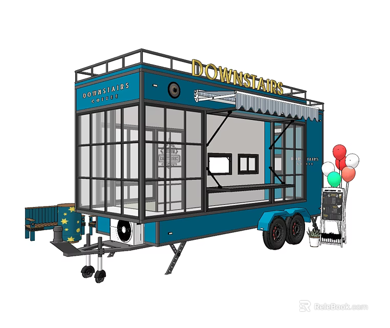 Blue Mobile Food Truck With Large Glass Windows 3d model 
