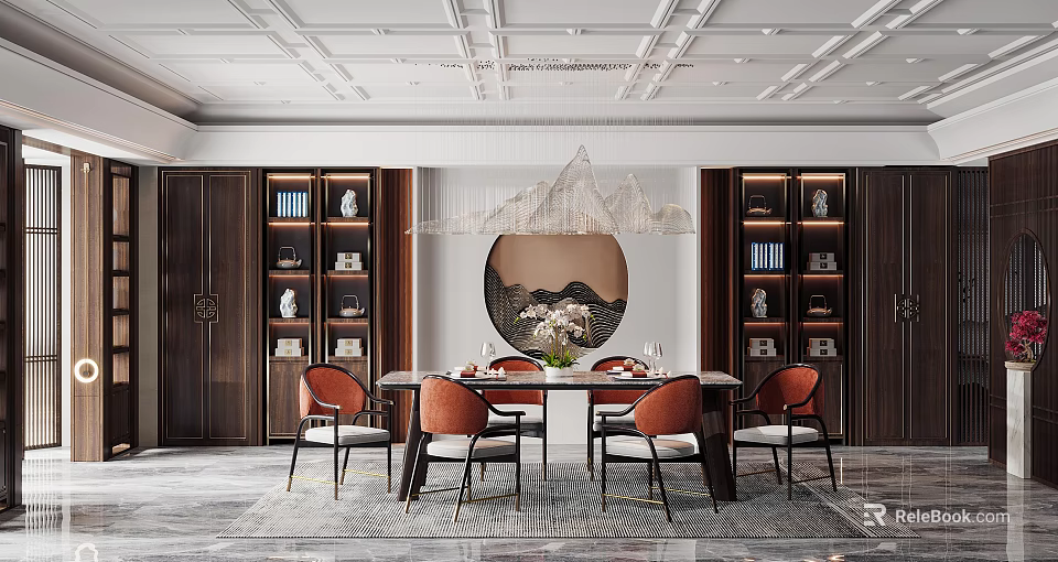 Modern Luxury Restaurant Interior with Mahogany Round Table Chandelier Bookshelves and Decorations 3d model 