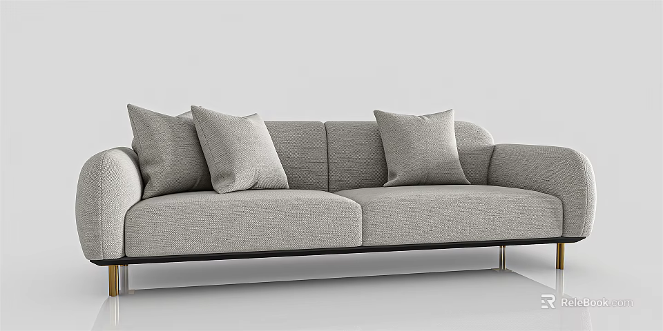 Comfortable Modern Gray Fabric Double Sofa With Soft Pillows And Metal Legs 3d model 
