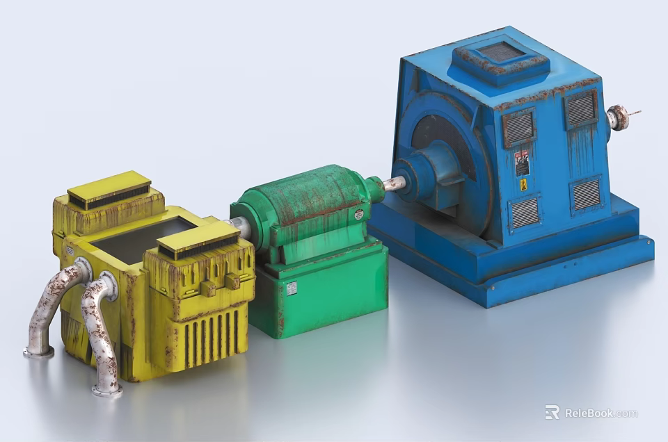 Various Colored Industrial Equipment With Yellow Green Blue Motors Pipes And Machines 3d model 
