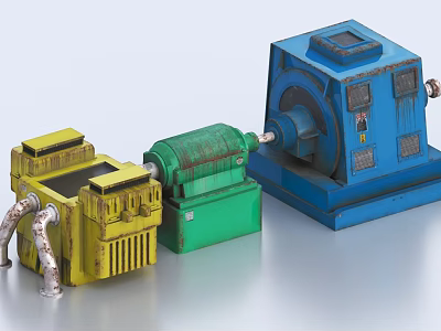 Various Colored Industrial Equipment With Yellow Green Blue Motors Pipes And Machines 3d model