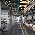 Modern Fitness Gym Interior Featuring Workout Equipment Ceiling Lights And Flooring Markings