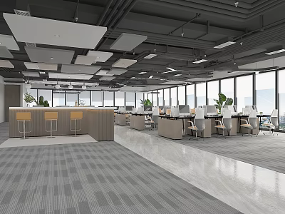 Modern Public Office Space With Open Layout Workstations Large Windows And Potted Plants 3d model