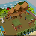 Tropical Wooden Buildings With Palm Trees Green Roofs Terrace And Open Pavilions In Lush Setting