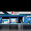 Modern Exhibition Booth for HSTEEL with Blue Lighting White Structure Display Screens and Tables Chairs