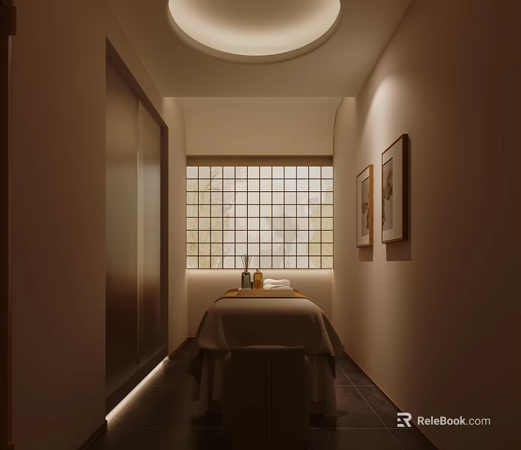 Beauty Salon Relaxing Space With Massage Bed Towels Bottles Stool Paintings Grid Window Soft Lighting 3d model 