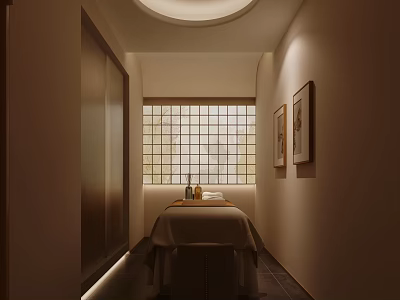 Beauty Salon Relaxing Space With Massage Bed Towels Bottles Stool Paintings Grid Window Soft Lighting 3d model