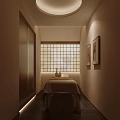 Beauty Salon Relaxing Space With Massage Bed Towels Bottles Stool Paintings Grid Window Soft Lighting