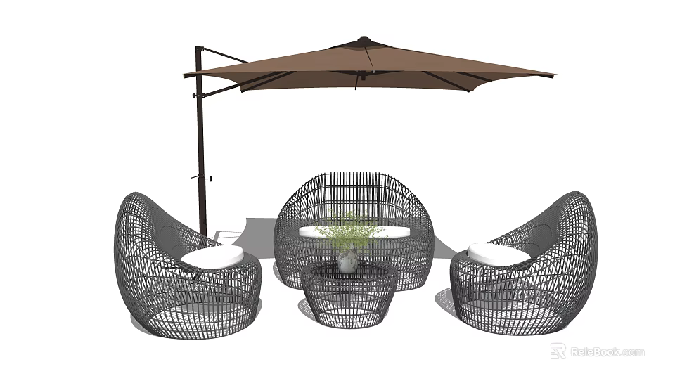 Wicker Outdoor Sofa Set With Round Coffee Table And Brown Umbrella 3d model