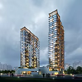 Two Modern High Rise Apartment Towers With Illuminated Windows And Green Surroundings