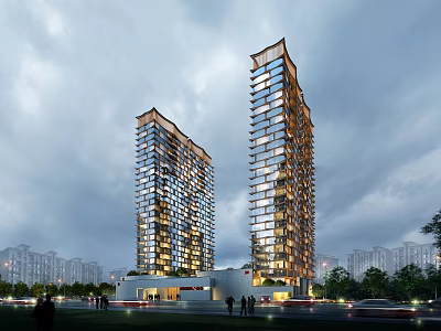 Two Modern High Rise Apartment Towers With Illuminated Windows And Green Surroundings 3d model