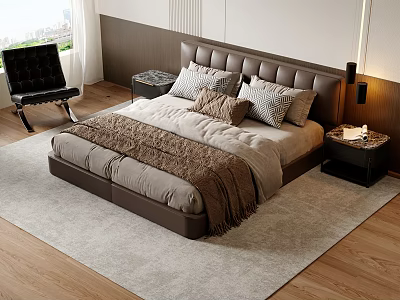 Modern Bedroom Interior With Leather Headboard Multiple Pillows Brown Throw Blanket And Wooden Floor 3d model