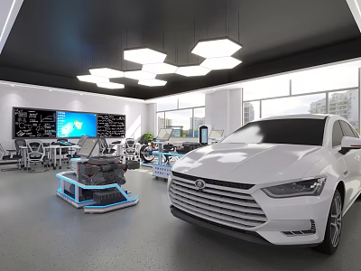 Modern School Automotive Technical Classroom With White Car Training Equipment Large Screen And Workstations 3d model