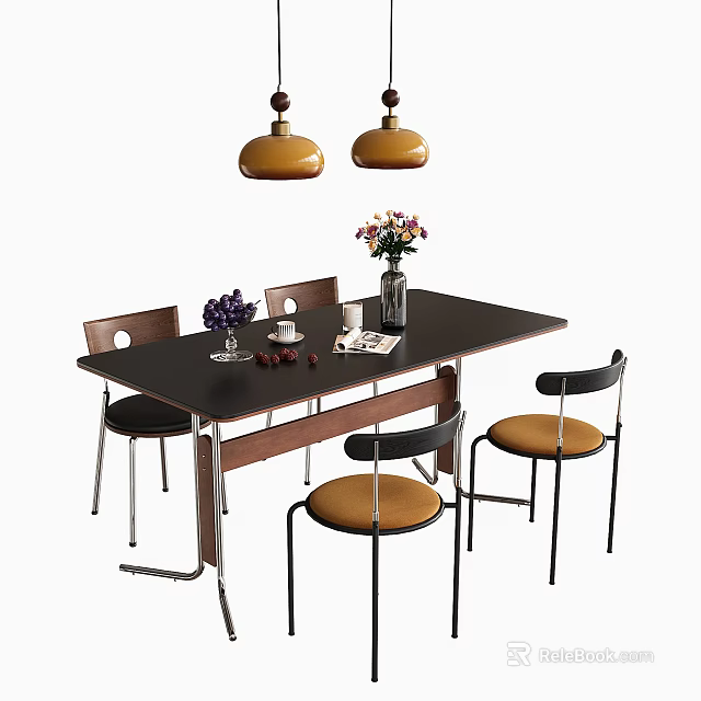 Rectangular Dining Table and Four Chairs with Yellow Pendant Lights Floral Vase Grapes and Magazine 3d model 