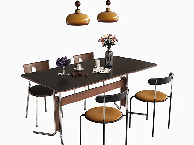Rectangular Dining Table and Four Chairs with Yellow Pendant Lights Floral Vase Grapes and Magazine 3d model