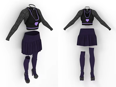 Women's Stylish Outfit Featuring Black Crop Top Purple Heart Grey Sleeves Skirt Stockings and Heels 3d model