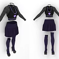 Women's Stylish Outfit Featuring Black Crop Top Purple Heart Grey Sleeves Skirt Stockings and Heels