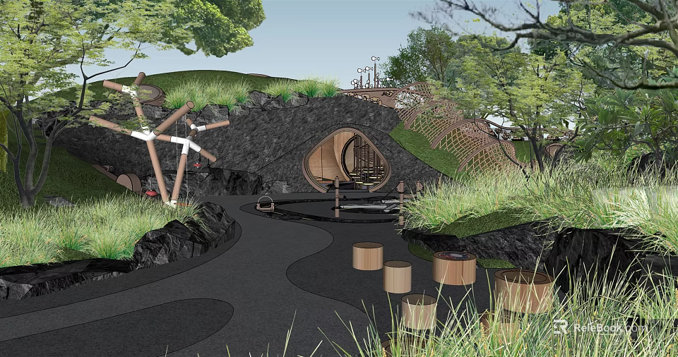 Outdoor Playground Featuring Natural Grass Hills Wooden Structures Pathway And Circular Play Area 3d model 