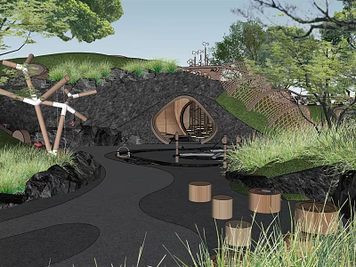 Outdoor Playground Featuring Natural Grass Hills Wooden Structures Pathway And Circular Play Area 3d model