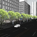 Modern Urban Road Facilities With White Arrows Trees Street Lamps And Tall Buildings
