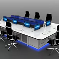 Modern Office Workstation Desk With Multiple Monitors Black Chairs Blue Lighting And Star Patterns 3d model