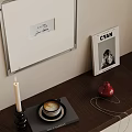 Decorative Ornament Combination With Framed Art Candle Magazines Coffee Cup Red Pear On Wooden Shelf