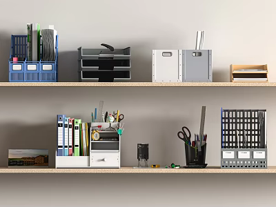 Organized Office Folders On Shelves With Storage Boxes And Stationery Supplies 3d model