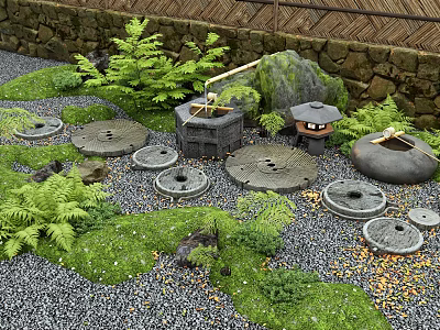 Traditional Japanese Garden Stepping Stones With Green Plants Moss And Bamboo Fence 3d model