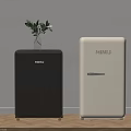 Black and White MINIJ Refrigerators with Green Plant on Wooden Floor