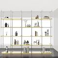 Modern Metal Frame Bookshelf With Multiple Shelves Decorative Sculptures And Books