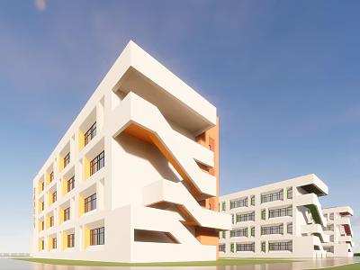Modern School Building Exterior With Multiple Floors Large Windows Colorful Accents And Staircase Design 3d model
