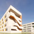 Modern School Building Exterior With Multiple Floors Large Windows Colorful Accents And Staircase Design