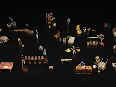 People Working in Traditional Scene with Pottery Jars Tables Tools and Baskets 3d model