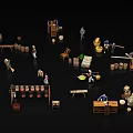 People Working in Traditional Scene with Pottery Jars Tables Tools and Baskets