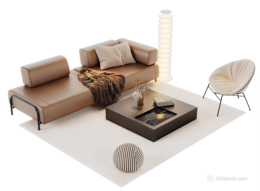 Modern Brown Sofa and Coffee Table Set with Pillows Blanket Decorations and Floor Lamp 3d model 