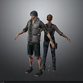 Two 3D Character Models With Different Outfits Standing Back to Back Arms Outstretched