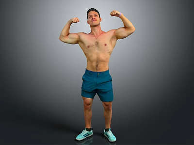 Shirtless Muscular Man Flexing Muscles In Blue Shorts And Green Sneakers Against Gray Background 3d model