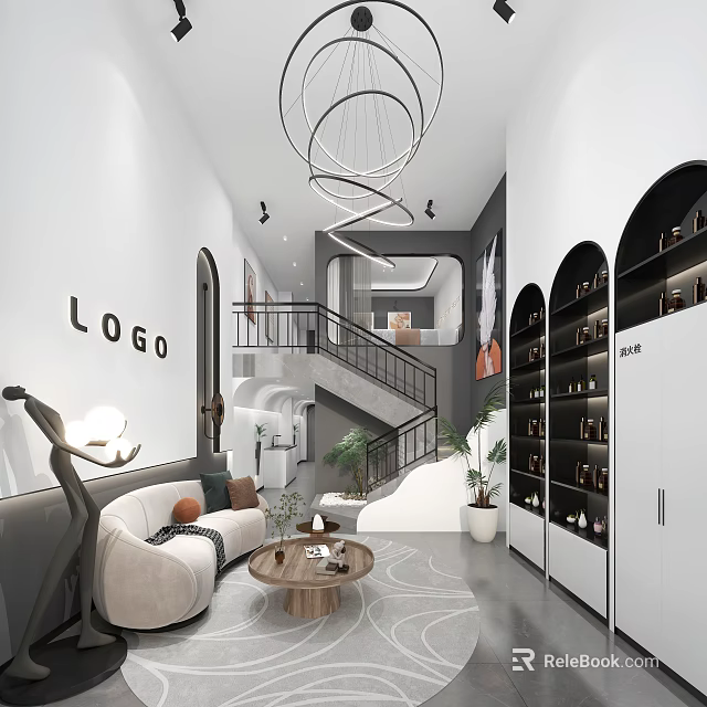 Elegant Modern Beauty Hair Salon Interior With Comfortable Sofa Display Shelves And Green Plants 3d model 