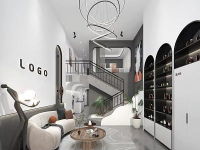 Elegant Modern Beauty Hair Salon Interior With Comfortable Sofa Display Shelves And Green Plants 3d model