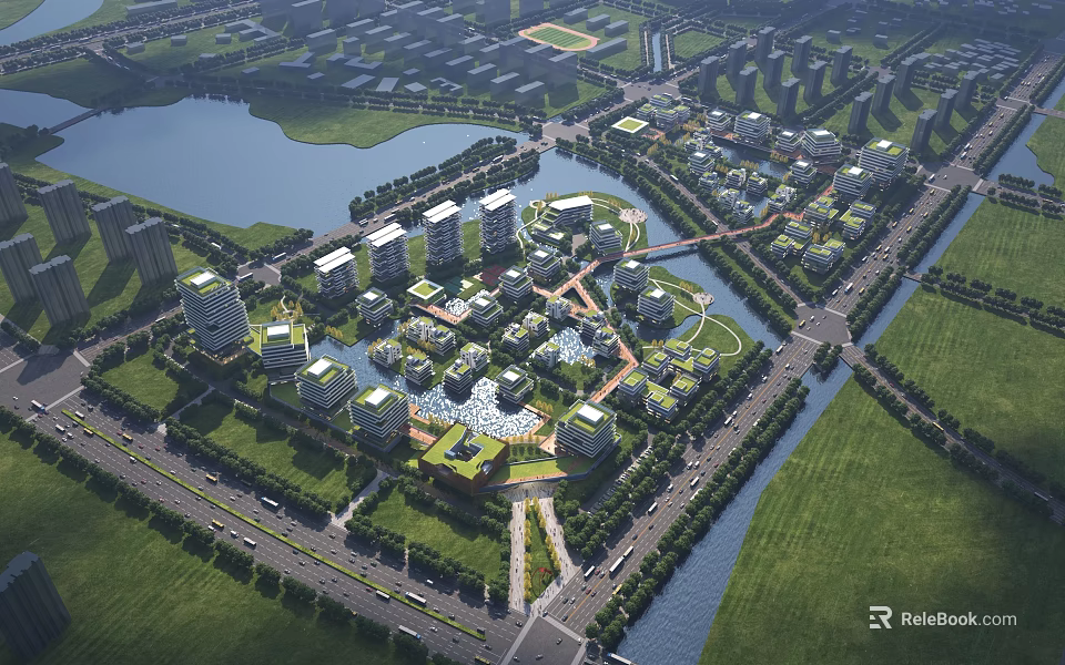Bird's Eye View Urban Planning With Waterfront Residential Areas Green Spaces And Roads 3d model 