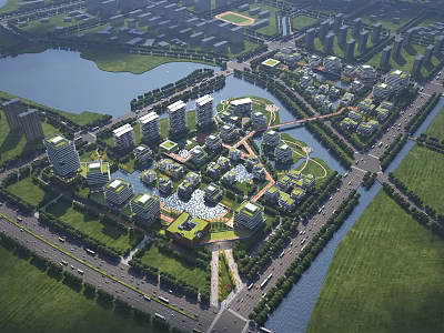 Bird's Eye View Urban Planning With Waterfront Residential Areas Green Spaces And Roads 3d model