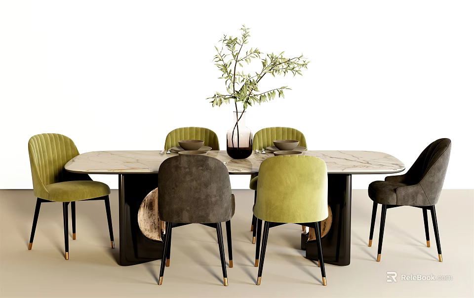 Dining Table Set With Oval Marble Tabletop Various Colored Chairs And Golden Legs 3d model