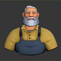 Old Man with White Hair and Beard in Yellow Shirt and Blue Overalls 3D Character