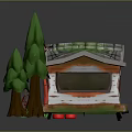 Wooden Cabin With Green Roof Pine Trees Nearby Bicycle Windows And Steps
