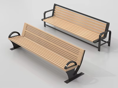 Outdoor Benches With Wooden Slats And Black Metal Frame Armrests Modern Design 3d model