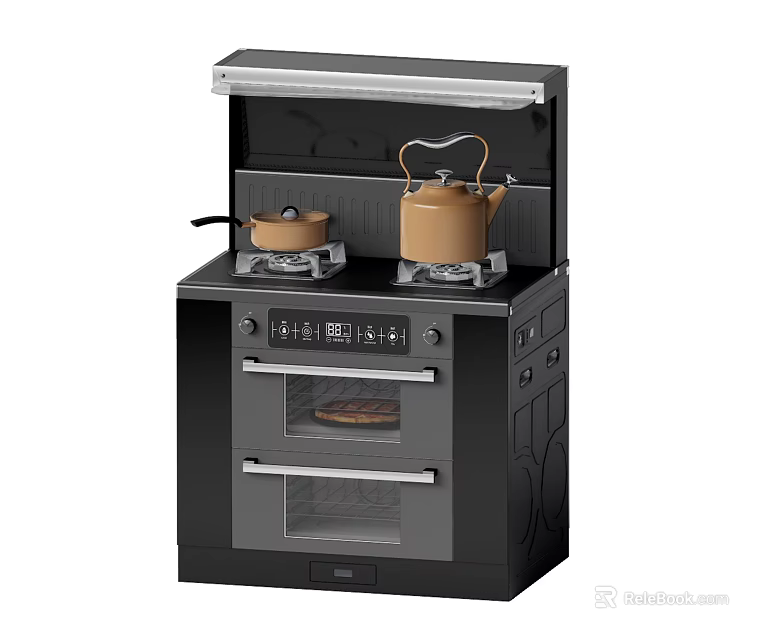 Modern Black Kitchen Appliance with Gas Stoves Oven Pizza Pot and Teapot 3d model 