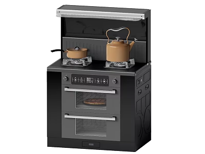 Modern Black Kitchen Appliance with Gas Stoves Oven Pizza Pot and Teapot 3d model