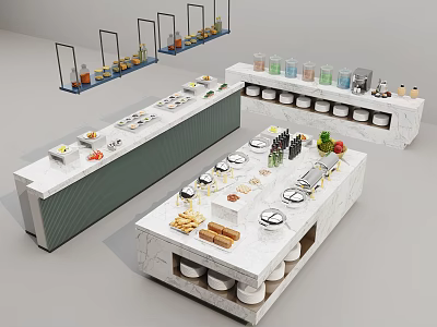 Stylish Buffet Setup With Multiple Food Stations And Drink Displays 3d model